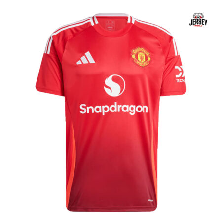 Manchester United 2024/25 Home kit Fans Version Material: 100% recycled polyester Fit: Regular Color: Manchester United red with black and white accents Collar: Ribbed black collar Sleeves: Short sleeves with black cuffs Technology: Moisture-wicking fabric to keep you dry Club Crest: Embroidered Manchester United crest on the chest Logo: Screen-printed sponsor logos Care Instructions: Machine washable