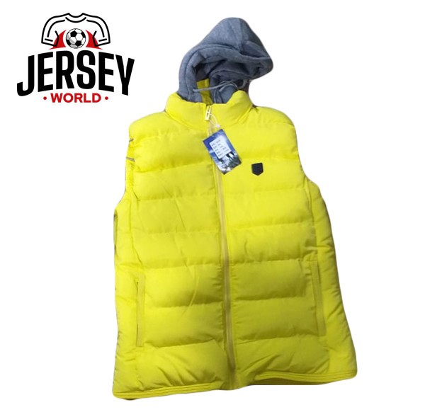 Yellow puff half jackets Material: Shell: 100% Polyester; Lining: 100% Polyester; Padding: 100% Polyester Closure: Zipper Hood: Attached, with adjustable drawstrings Pockets: Two side pockets with zippers Fit: Regular Colors: Yellow with Grey hood