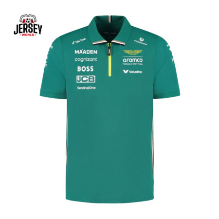 Aston Martin Aramco 2025 Polo Team: Aston Martin Aramco Formula One™ Team Year: 2024 Season Type: Official Teamwear Polo Shirt Material: 100% Polyester – Lightweight and breathable Fit: Athletic fit Color: Signature Aston Martin Racing Green Logos: Printed team and sponsor logos (Aramco, Cognizant, Boss, JCB, Valvoline, etc.) Features: Quarter-zip closure with contrast yellow zip detail Short sleeves for a sporty look Ribbed collar design Care Instructions: Machine wash cold, do not iron print, tumble dry low