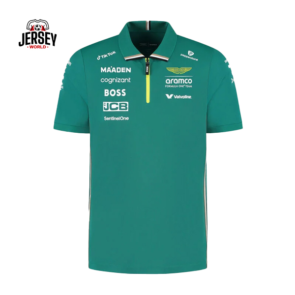 Aston Martin Aramco 2025 Polo Team: Aston Martin Aramco Formula One™ Team Year: 2024 Season Type: Official Teamwear Polo Shirt Material: 100% Polyester – Lightweight and breathable Fit: Athletic fit Color: Signature Aston Martin Racing Green Logos: Printed team and sponsor logos (Aramco, Cognizant, Boss, JCB, Valvoline, etc.) Features: Quarter-zip closure with contrast yellow zip detail Short sleeves for a sporty look Ribbed collar design Care Instructions: Machine wash cold, do not iron print, tumble dry low